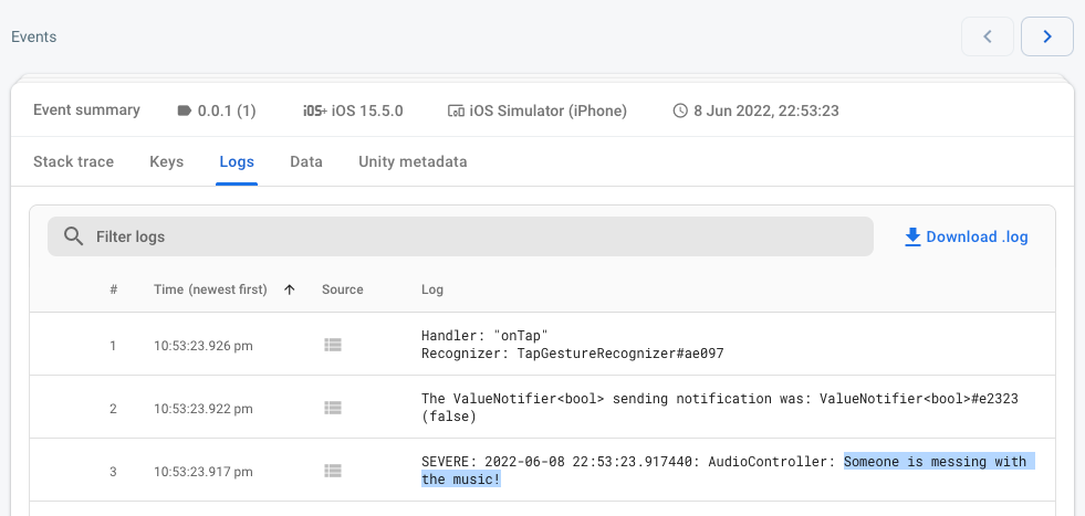 Crashlytics dashboard logs